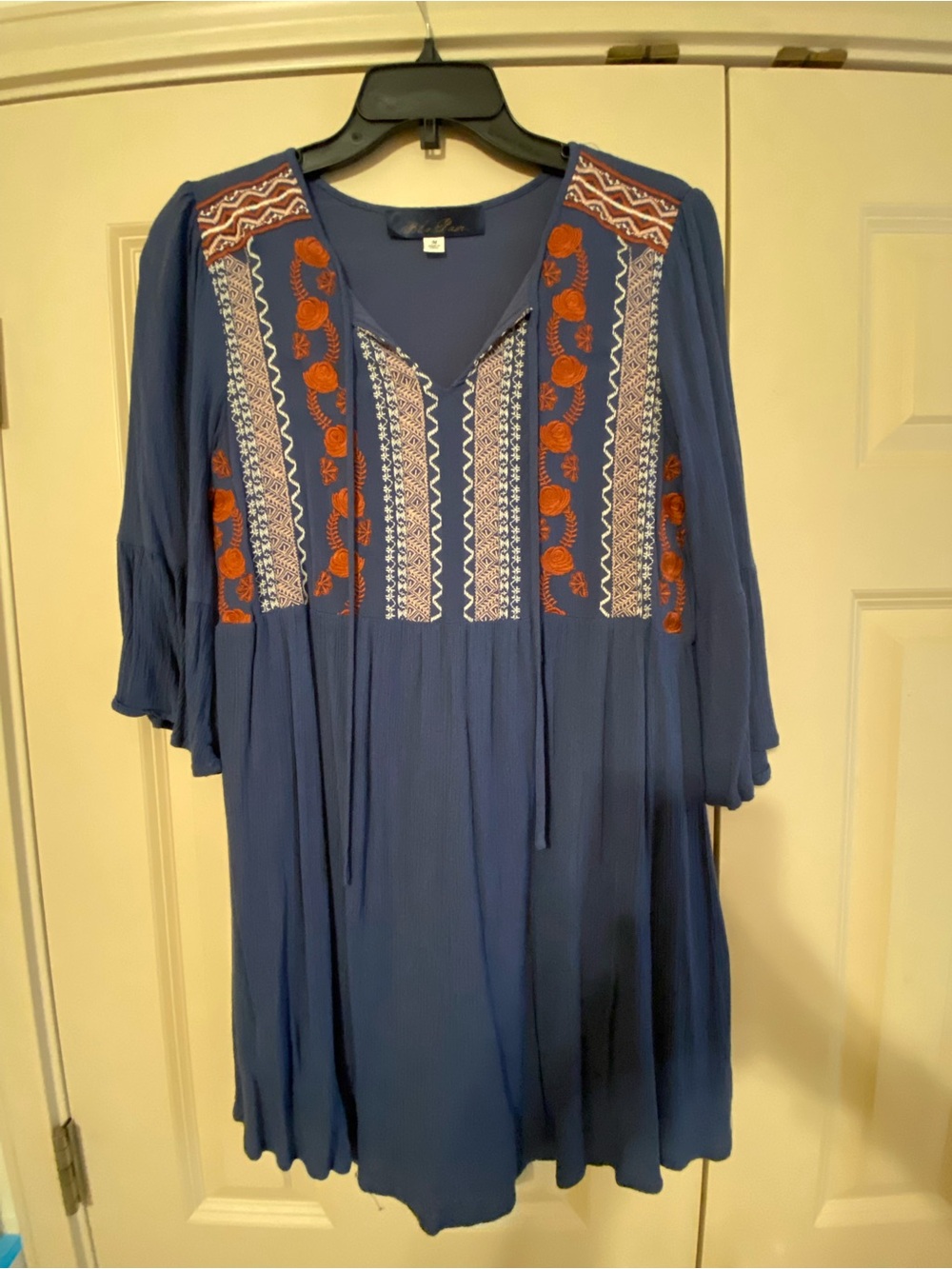 Blue Rain Navy Midi Dress with Orange & Cream Embroidery